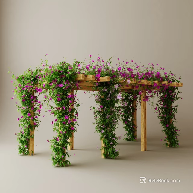 Wooden Garden Pergola Adorned With Green Climbing Vines And Purple Flowers 3d model 