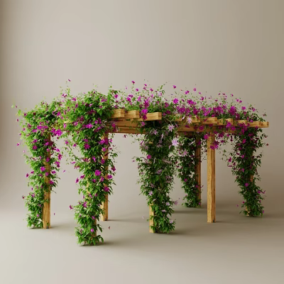 Wooden Garden Pergola Adorned With Green Climbing Vines And Purple Flowers 3d model