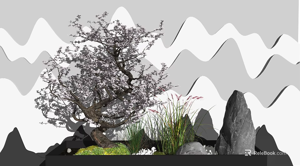 Courtyard Garden Design Featuring Blooming Tree Rockery Stones Herbaceous Plants And Wavy Mountain Backdrop 3d model 