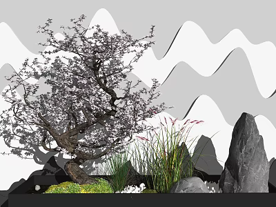 Courtyard Garden Design Featuring Blooming Tree Rockery Stones Herbaceous Plants And Wavy Mountain Backdrop 3d model