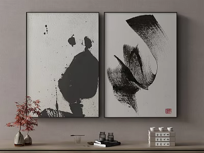 Black And White Abstract Ink Paintings Hanging On Wall With Decorative Vase And Shelf 3d model