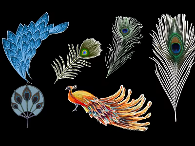 Peacock Feather Decorative Pendant Ornaments With Blue And Colorful Feather Designs 3d model