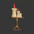 Burning Candles With Flames On Wooden Table And Purple Stone Base