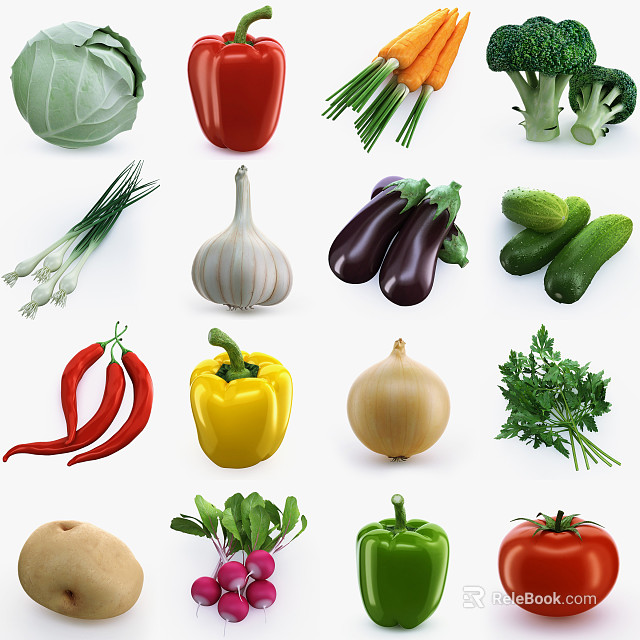 Fresh Colorful Vegetables With Bell Peppers Broccoli Cucumber Garlic And Eggplant 3d model 
