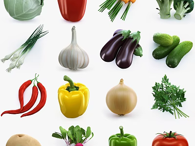 Fresh Colorful Vegetables With Bell Peppers Broccoli Cucumber Garlic And Eggplant 3d model