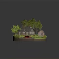 Cartoon Miniature Scene With House Trees Red Car Small Shed And Garden Path