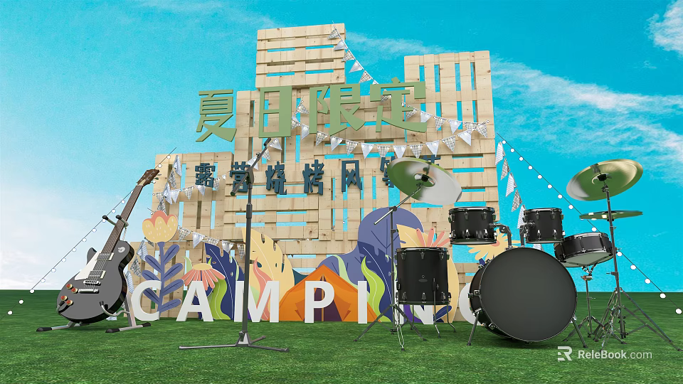 Xiamen Limited Camping Festival Scene With Musical Instruments Grass Field Wooden Backdrop And Colorful Decorations 3d model 