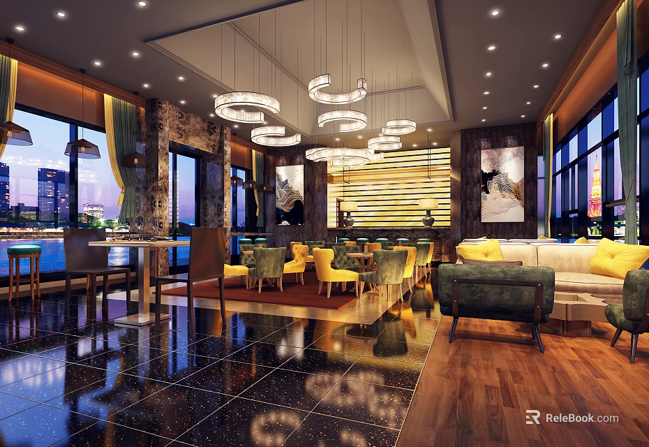 Modern Elegant Cafe Interior With Chandeliers Sofas Floor to Ceiling Windows and City View 3d model 