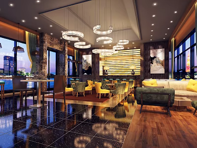 Modern Elegant Cafe Interior With Chandeliers Sofas Floor to Ceiling Windows and City View 3d model