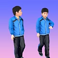 Men in Blue Jackets and Black Pants Carrying Backpacks Against Gradient Purple Pink Background