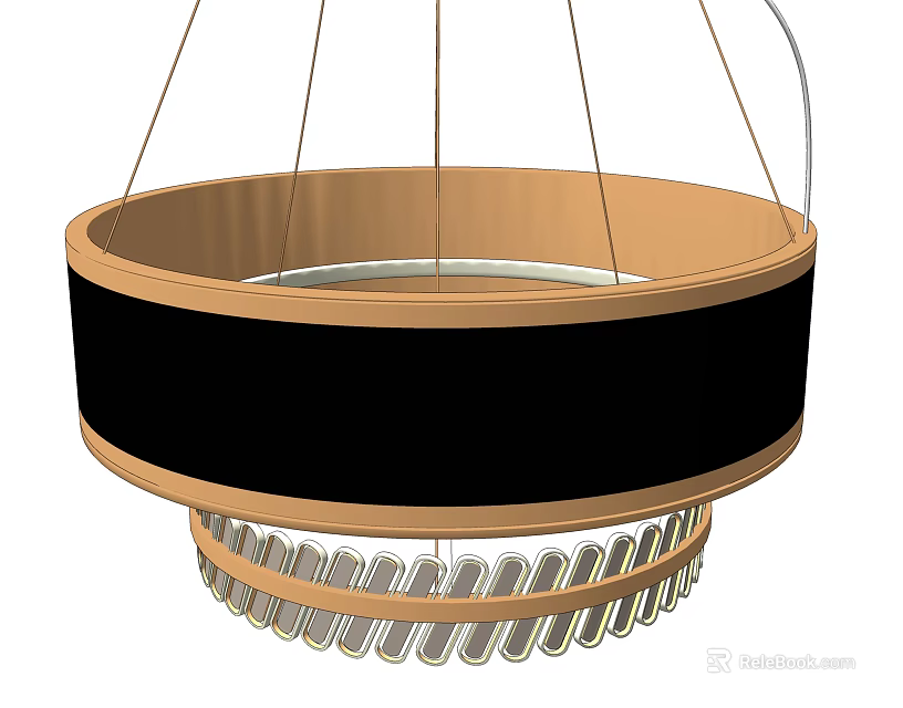 Modern Circular Pendant Chandelier With Wooden Frame Black Panel And Grid Base 3d model 