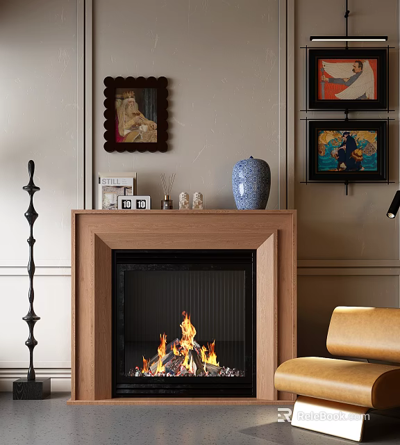 Cozy Living Room Fireplace With Decor And Artworks 3d model 