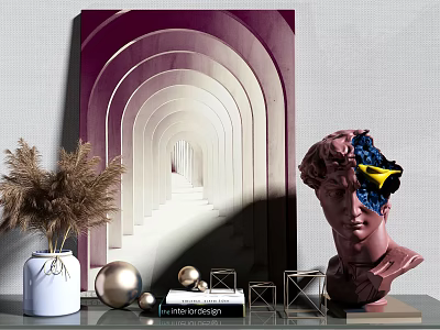 Stylish Ornament Decor Combination With Bust Sculpture Abstract Art Print Vase And Metallic Spheres 3d model