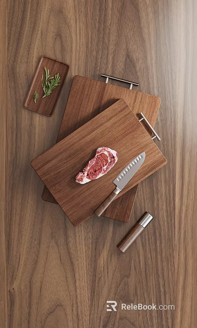 Raw Beef Steak on Wooden Cutting Board with Sharp Knife Fresh Herbs and Wooden Table 3d model 