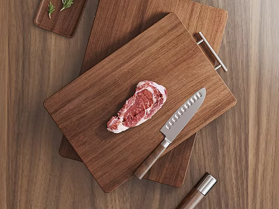 Raw Beef Steak on Wooden Cutting Board with Sharp Knife Fresh Herbs and Wooden Table 3d model