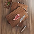 Raw Beef Steak on Wooden Cutting Board with Sharp Knife Fresh Herbs and Wooden Table