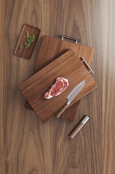 Raw Beef Steak on Wooden Cutting Board with Sharp Knife Fresh Herbs and Wooden Table 3d model
