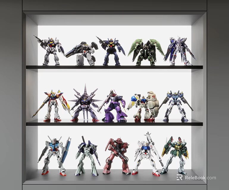 Multiple Action Figures Displayed On Shelves With Various Designs And Colors 3d model 