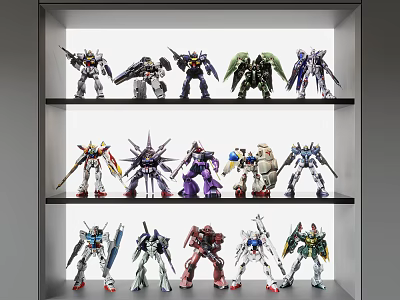 Multiple Action Figures Displayed On Shelves With Various Designs And Colors 3d model