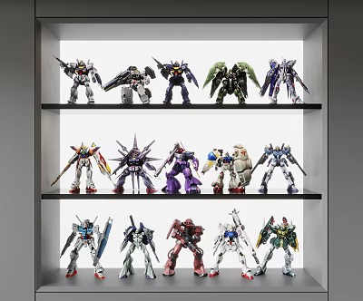 Multiple Action Figures Displayed On Shelves With Various Designs And Colors 3d model