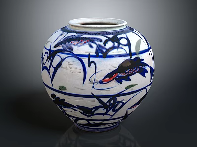 Blue And White Ceramic Vase With Fish And Plant Patterns Decorative Design 3d model