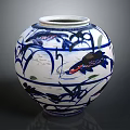 Blue And White Ceramic Vase With Fish And Plant Patterns Decorative Design 3d model