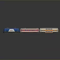Colorful Model Train with Blue Locomotive Pink and Orange Carriages on Track with Reflection