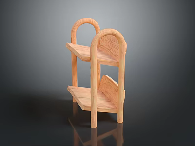 Wooden Two Tier Shelf With Curved Armrests And Light Wood Tone On Black Reflective Surface 3d model
