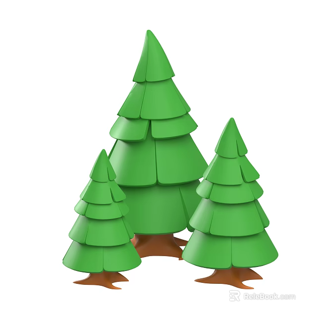 Three Decorative Layered Green Trees With Brown Trunks And Simple Design 3d model 