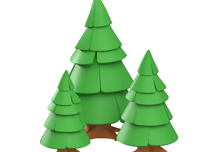 Three Decorative Layered Green Trees With Brown Trunks And Simple Design 3d model