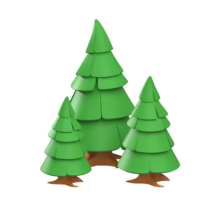 Three Decorative Layered Green Trees With Brown Trunks And Simple Design 3d model