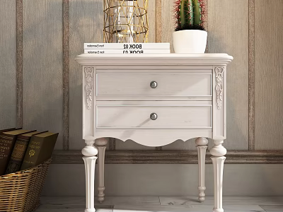 White Carved Nightstand With Two Drawers Golden Lantern Potted Cactus Books Wooden Wall 3d model