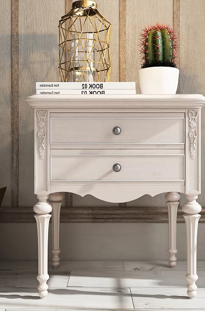 White Carved Nightstand With Two Drawers Golden Lantern Potted Cactus Books Wooden Wall 3d model
