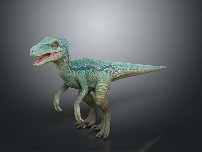3D Rendered Green Dinosaur Model With Blue Patterns Open Mouth Standing Pose Gray Background 3d model