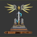 Futuristic Monument Design With Golden Wings Diamond Structure Blue Glowing Elements And Orange Gray Base