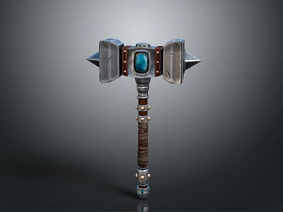 Ornate Metallic Hammer With Blue Gemstone Center And Decorative Wrapped Handle 3d model
