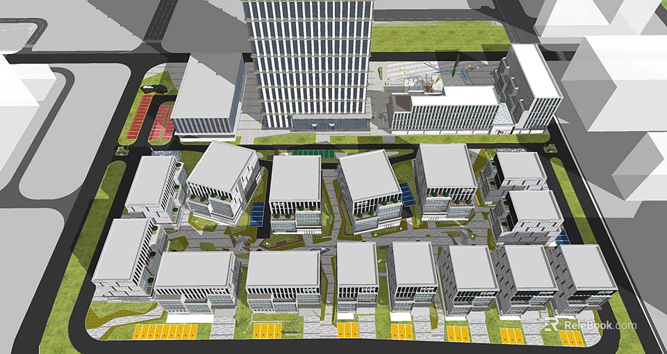 Modern Office Building Complex With Low Rise High Rise Structures Green Spaces And Parking 3d model 