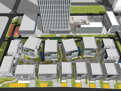 Modern Office Building Complex With Low Rise High Rise Structures Green Spaces And Parking 3d model