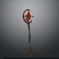 Ornate Red Staff With Purple Striped Handle And Gold Ring Top Design