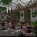 Café Interior Design With Green Plants Wooden Counter Cake Display And Decorative Shelves