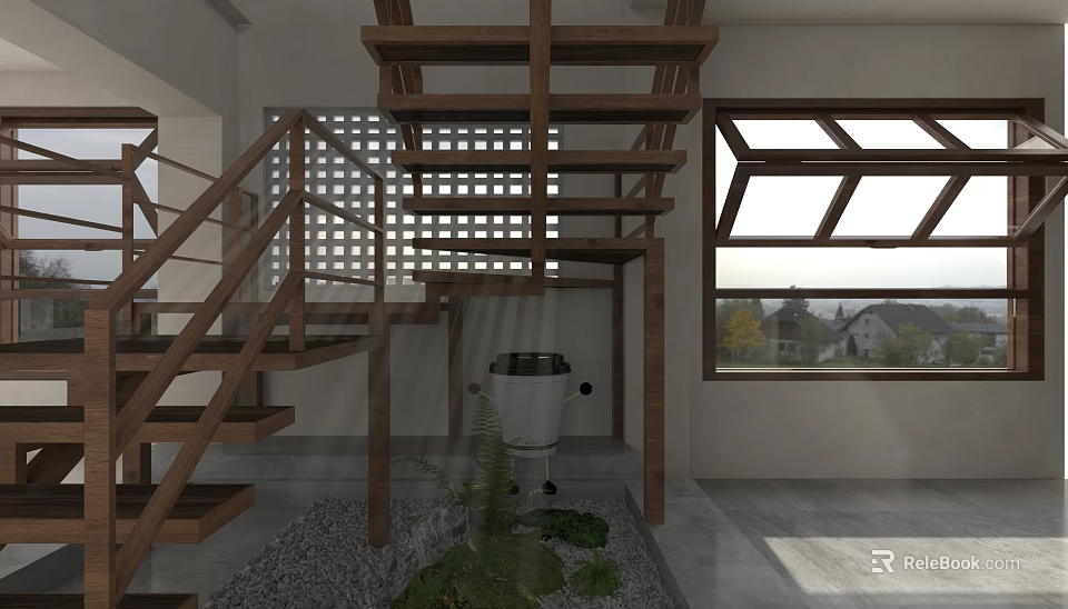 Modern Café Interior With Open Design Wooden Structure And Skylight Green Plants 3d model 