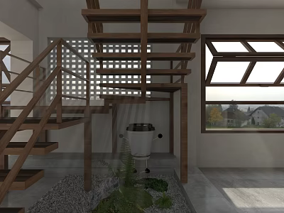 Modern Café Interior With Open Design Wooden Structure And Skylight Green Plants 3d model