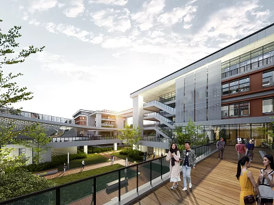 Modern School Building With Open Corridors Greenery And Students Walking On Wooden Walkway 3d model