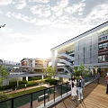 Modern School Building With Open Corridors Greenery And Students Walking On Wooden Walkway