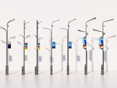 Outdoor Street Lights with Display Screens on Gray Poles Arranged in Row Showing 3d model