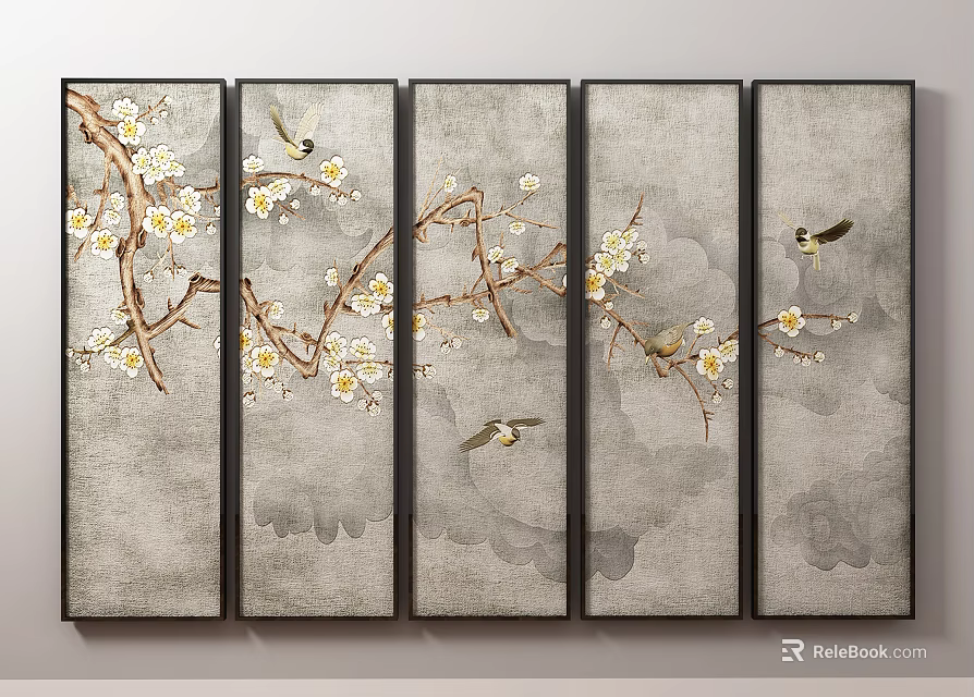 Five Panel Plant Painting Featuring Plum Blossom Branches and Birds on Gray Background 3d model 