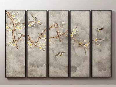 Five Panel Plant Painting Featuring Plum Blossom Branches and Birds on Gray Background 3d model