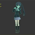 Anime Style Female Character 3D Model With Purple Twin Tails Blue Skirt And Red Shoes