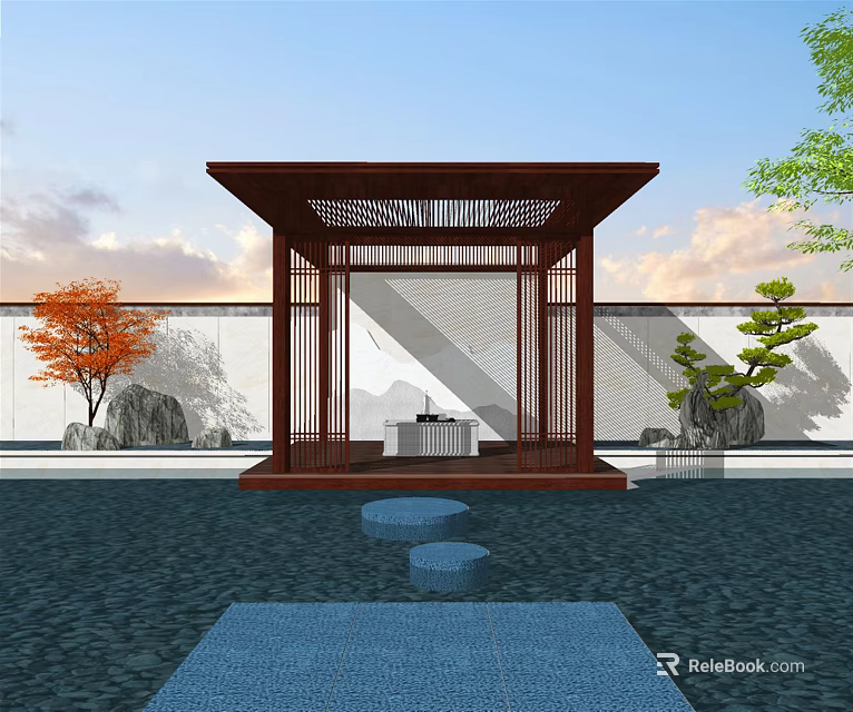 Chinese Style Garden Pavilion With Wooden Lattice Pool Stone Path And Trees Near Rockery 3d model 