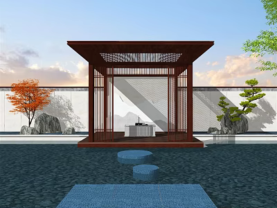 Chinese Style Garden Pavilion With Wooden Lattice Pool Stone Path And Trees Near Rockery 3d model